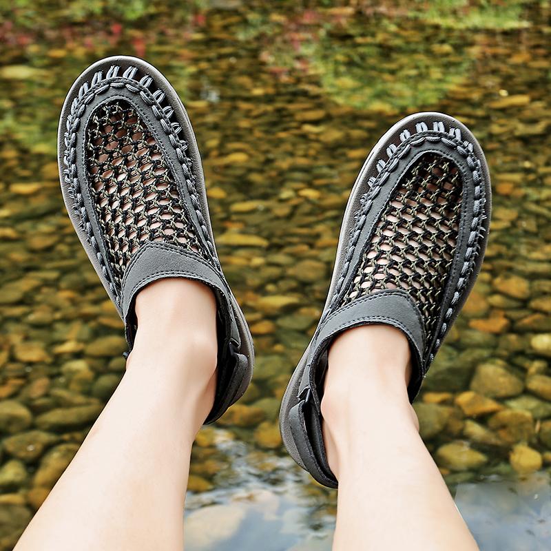 Men Outdoor Hiking Sandals Handmade Summer Black Roman Sandals Wide Beach Water Shoes Plus Size