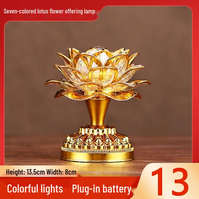 Seven-Color LED Rechargeable Buddha Offering Lamp - Lotus Design for Home and Guanyin Devotion.