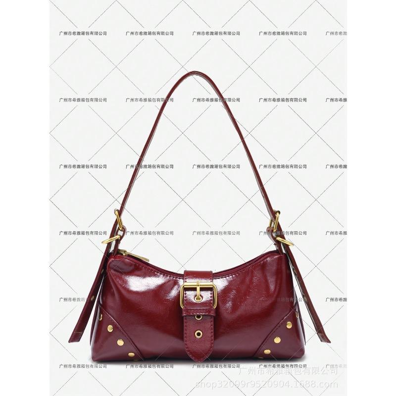 Ladies Vintage Merad Old Tinted Leather Locomotive Bag Rivet Pin Buckle Decorative Shoulder Underarm Baguette Bag