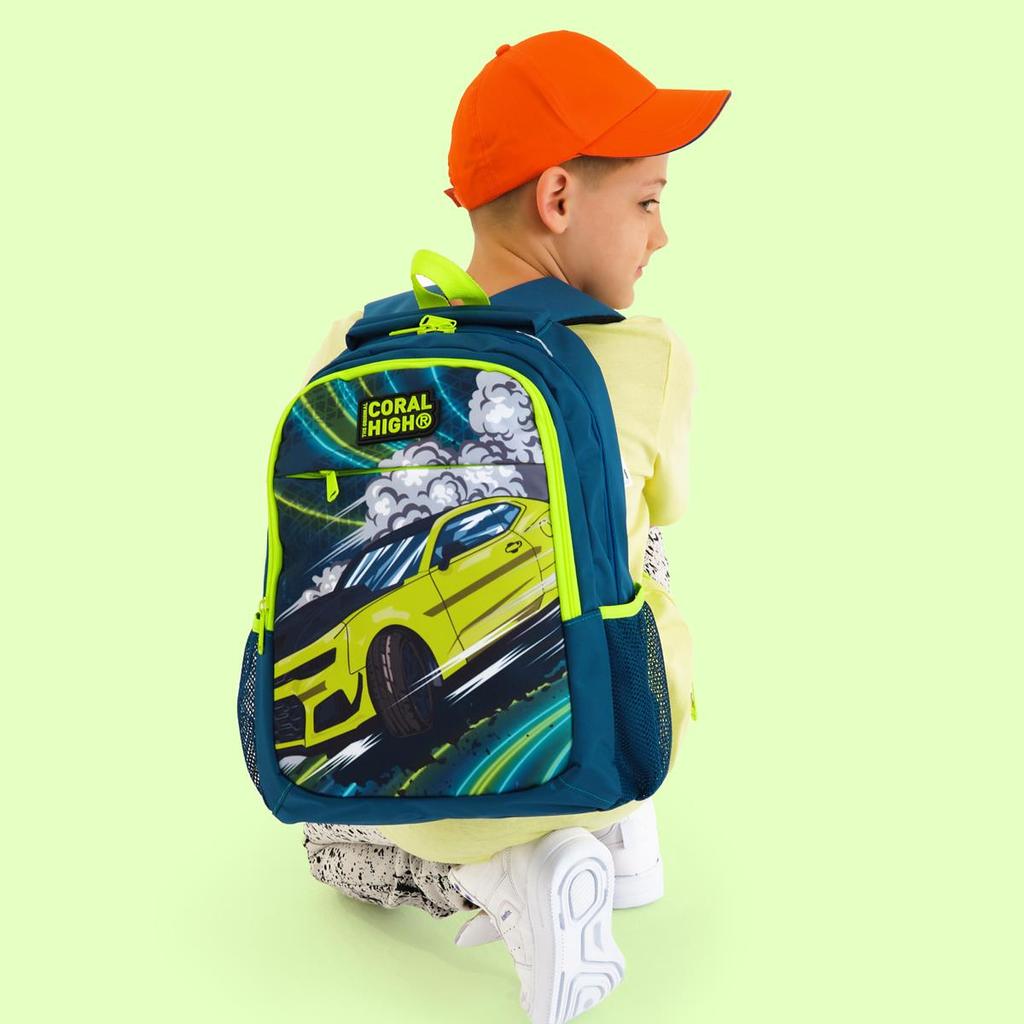 Coral High Kids Nefti Fosforowy Żółty Wzór Samochodowy Trzykomorowy Plecak Szkolny 14406