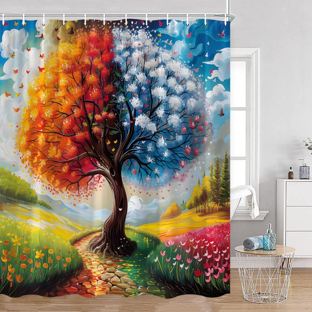 Jahreszeiten Baum Ölgemälde Duschvorhänge Fantasy Baum Wald Bunt Aquarell Blätter Badezimmervorhang Polyester Badezimmerdeko