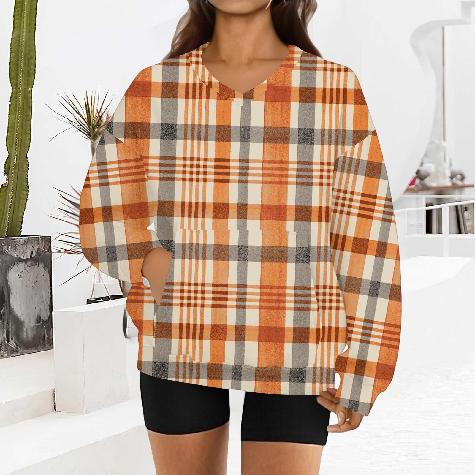 

Women s Fashionable Plaid Print Long-sleeved V-neck Sweatshirt M шафрановий