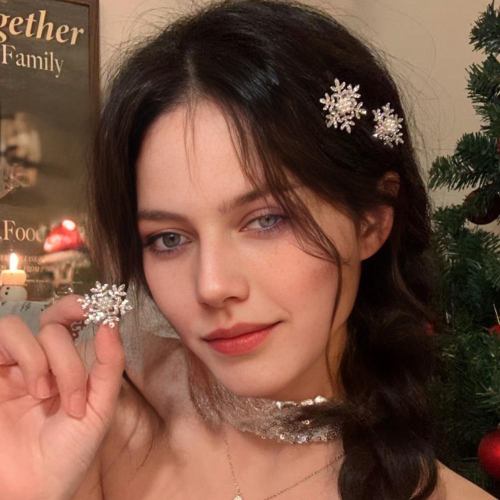 Winter Rhinestone Snowflake Side Clip Hair Pins Christmas New Year Sweet Cute Pearl Barrettes Female Hair Accessories