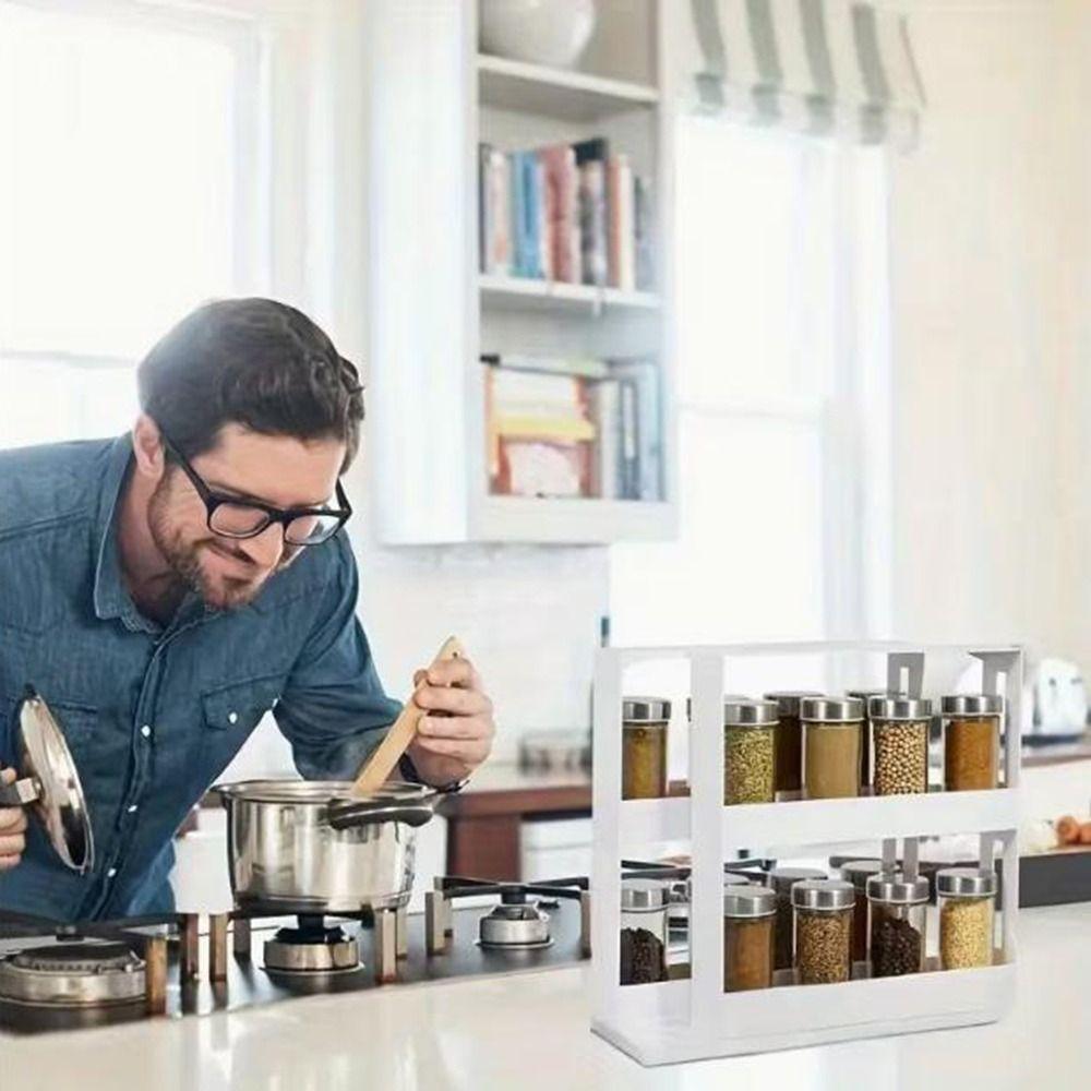 Plastic 2 Layer Spice Storage Rack 90-Degree Rotation Rotating Storage Shelf  Kitchen