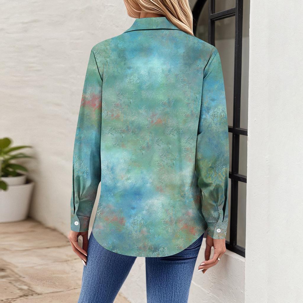 Kadın Gömlek Bluz Noel Baskılı Düğme Uzun Kollu Rahat Temel Gömlek Yaka Normal Üst