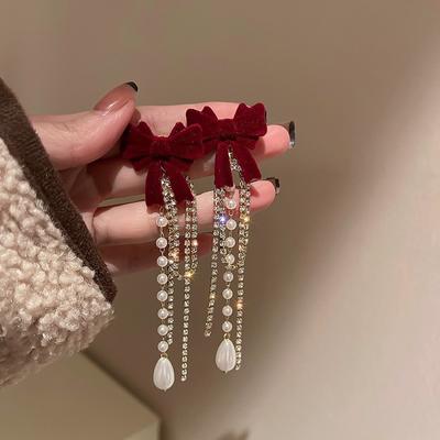 Spring and Summer Flocking Bow Pearl Fringed Earrings Retro Stud Earrings a Two Wear Earrings Women