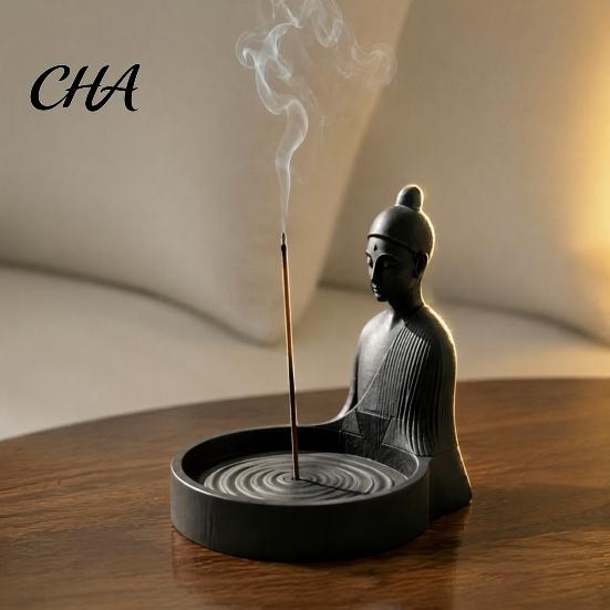 Räuchergefäß Ornament Meditation Buddha Räucherstäbchenhalter, 3D-gedruckt mit Wellenständer Aschenbecher, Schreibtisch für Yogaraum Home Office Zen Stil Zubehör