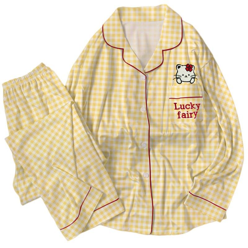 Womens Cute Cat Print Pajama Set Fall Thin Cardigan Long Sleeve Loungewear