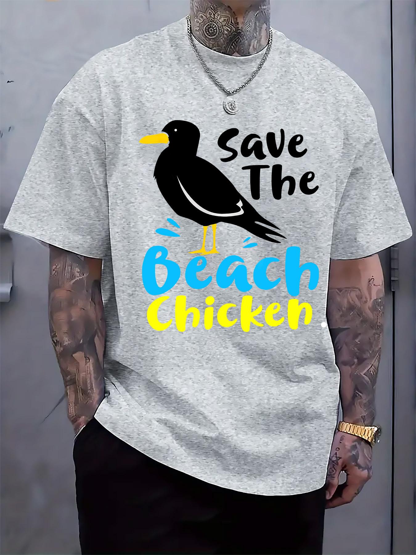 Save the Beach Chicken  Graphic Tee - Light Gray Casual Summer T-shirt with Fun Print M