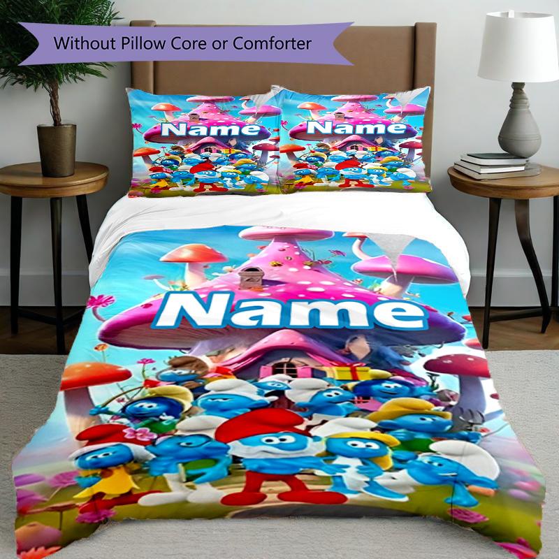 3pcs Duvet Cover Set (1*Duvet Cover + 2*Pillowcase, Without Core), Custom Name Blue Smurfs Pattern Bedding Set, Home Bedroom Decor Gift