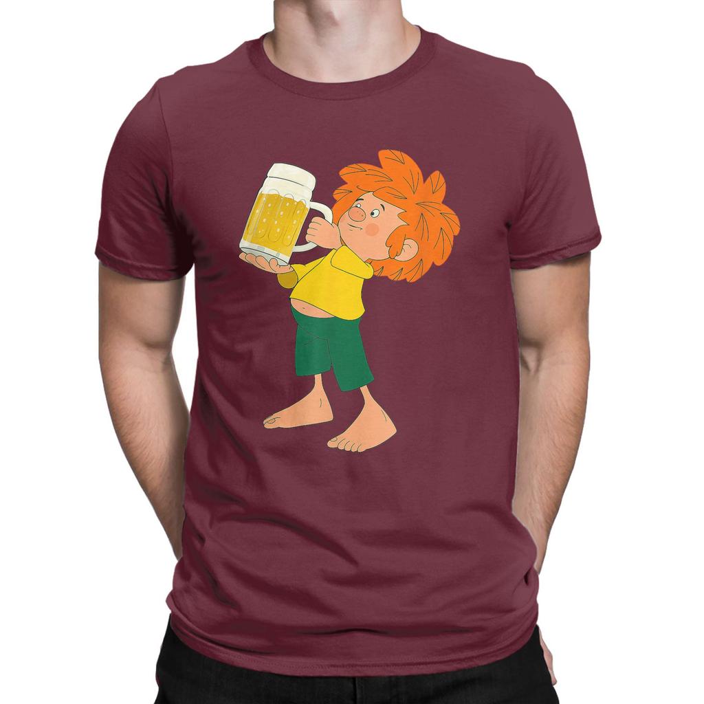 Men T-Shirt Pumuckl Drinks Beer Vintage Pure Cotton Tee Shirt Short Sleeve Anime Cartoon T Shirts Crew Neck Clothing Plus Size
