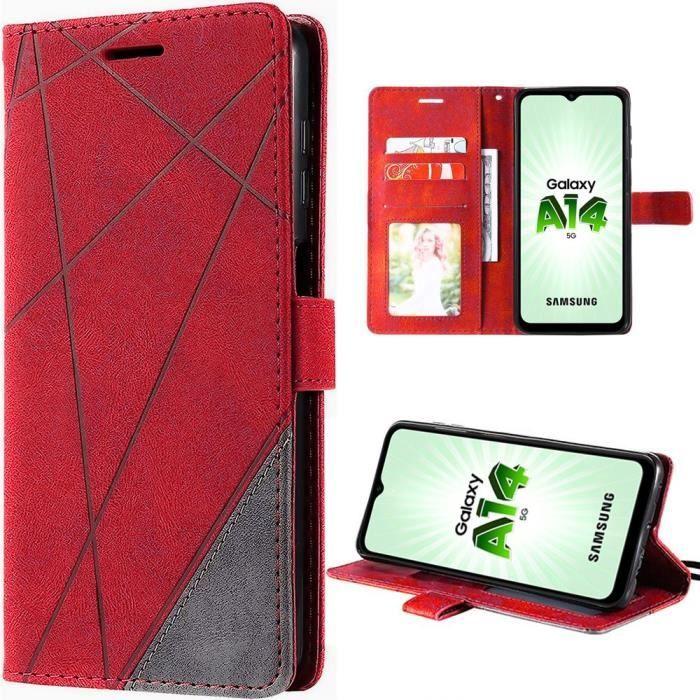 Coque pour Samsung Galaxy A14 5G-4G, Protection Rétro Antichoc en Cuir PU avec Porte-Cartes et Fonction de Support Rouge