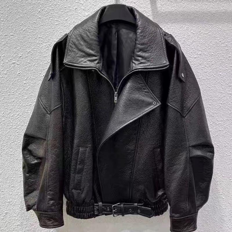 

Хайнинская одежда из натуральной кожи, мотоциклетная куртка, женская модная куртка из пузырчатой кожи, весна 2025, новинка, приталенная, свободная, крутая, шикарная Black L