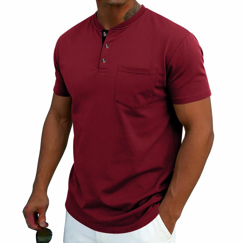 Men Henley Neck Short Sleeve T Shirt With Chest Pocket Casual Solid Color Tops