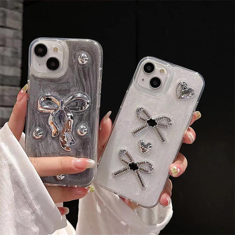 Silver Bead Bow Phone Case for IPhone17promax Epoxy Luxury Women’s Model 14 for Apple 15 Pearl 13
