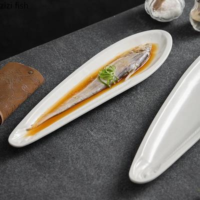 White Shaped Fish Plate Ceramic Autumn Knife Fish Long Strip Plate Steamed Fish Plate Sushi Dish Artistic Conception Tableware