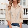 Women Shirt Lapel Long Sleeve Buttons Placket Shirt with Rhinestones Tassel Solid Color Loose Fit Casual Shirt