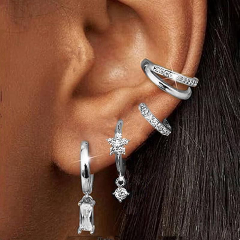 4PCS Shiny Crystal Tragus Huggie Earring Set Fashion Zircon Cartilage Hoop Earrings Helix Piercing Bulk Flower Lobe Ear Stud Lot