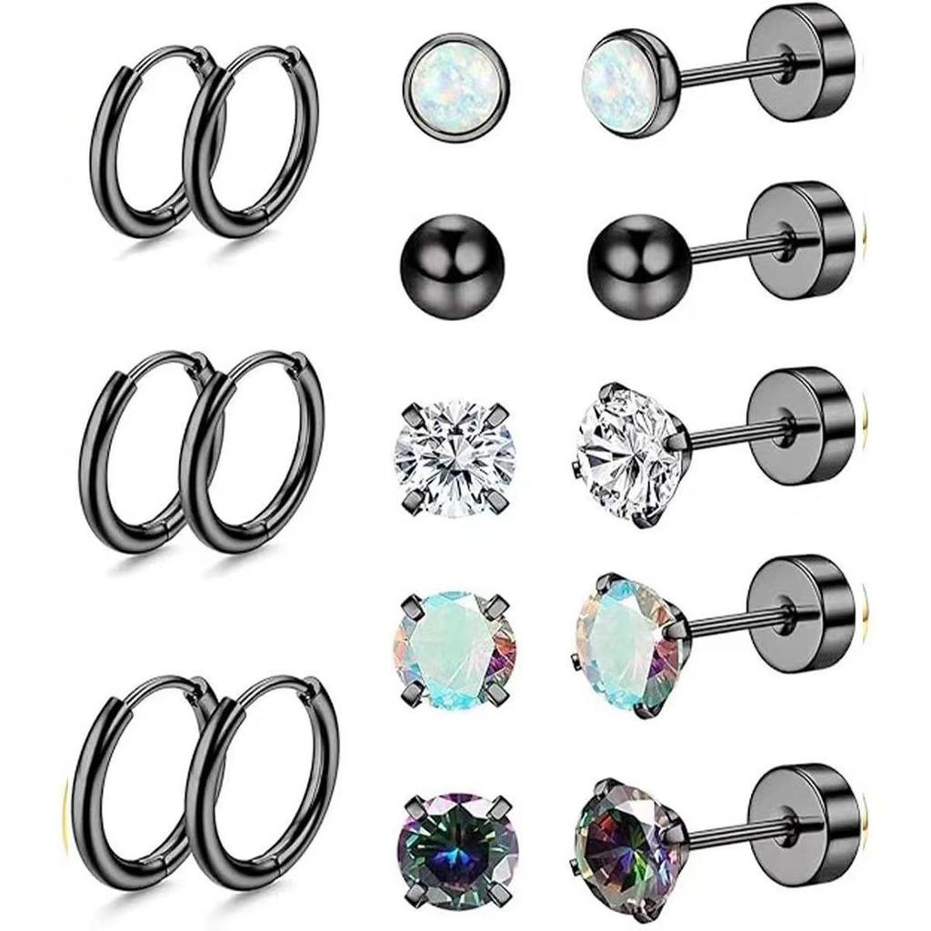 Stainless Steel Zircon Stud & Round Wire Earrings Set with Vacuum Electroplating Finish