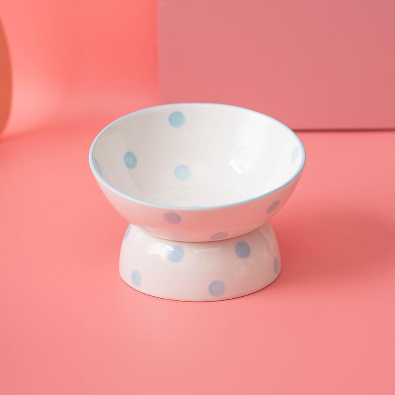 Ceramic Tall Footed Drinking Water Bowls, Anti Overturning Oblique Mouth, Neck Protection, Round Dot Cat Bowl, Pet Articles, 1Pc