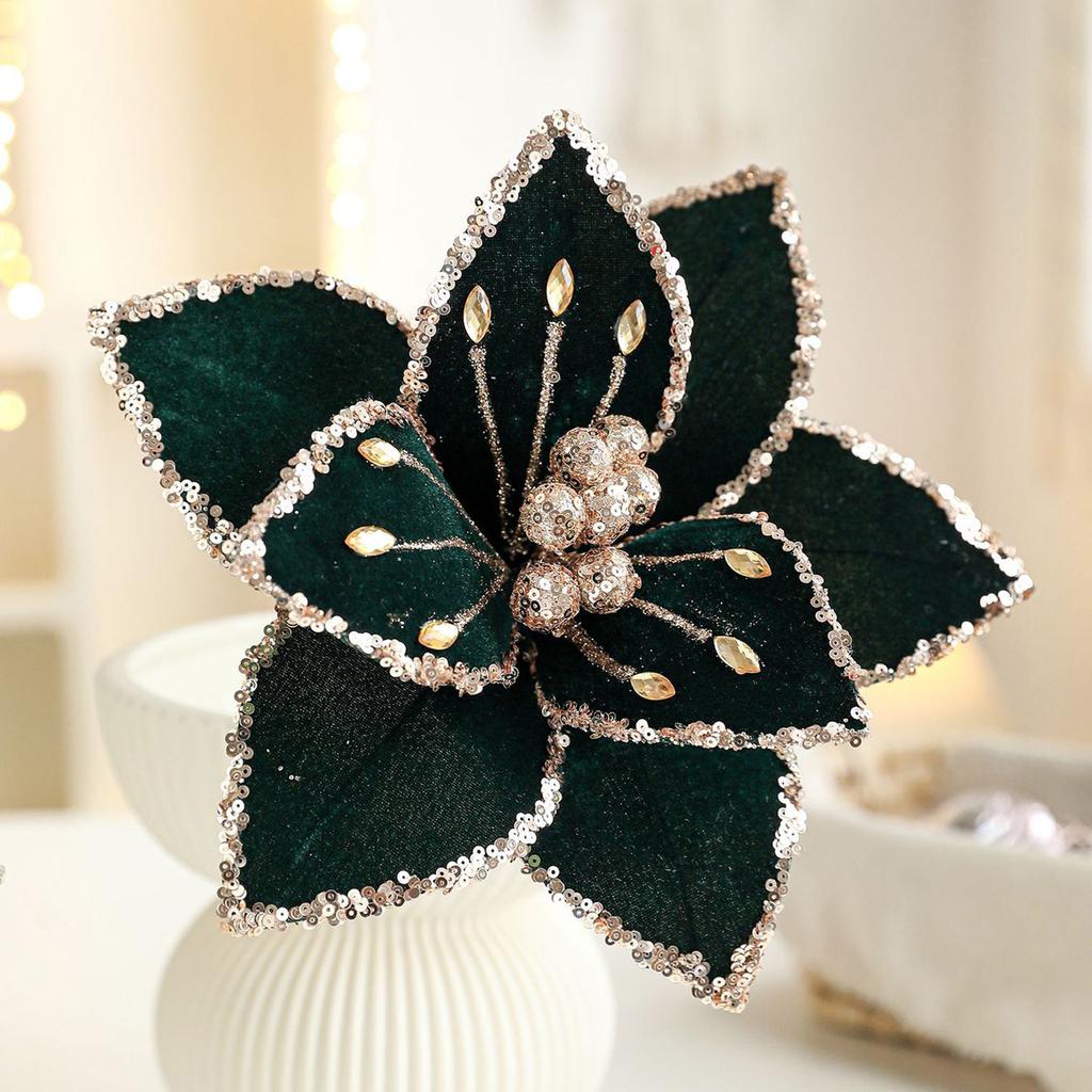26CM High-end Fabric Christmas Flower Simulation Flower Sticky Powder Gold Powder Flower Arrangement Christmas Tree Wreath Decoration
