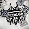Naughty Sexy Hollow Out Pink Leopard Pattern Mesh Gauze Erotic Lingerie Bra and Thong Garter 4pcs Boudoir Sets with Stockings