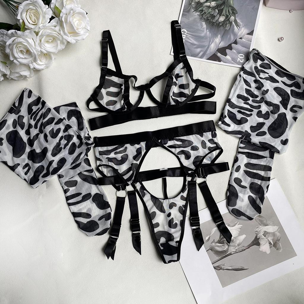 Naughty Sexy Hollow Out Pink Leopard Pattern Mesh Gauze Erotic Lingerie Bra and Thong Garter 4pcs Boudoir Sets with Stockings
