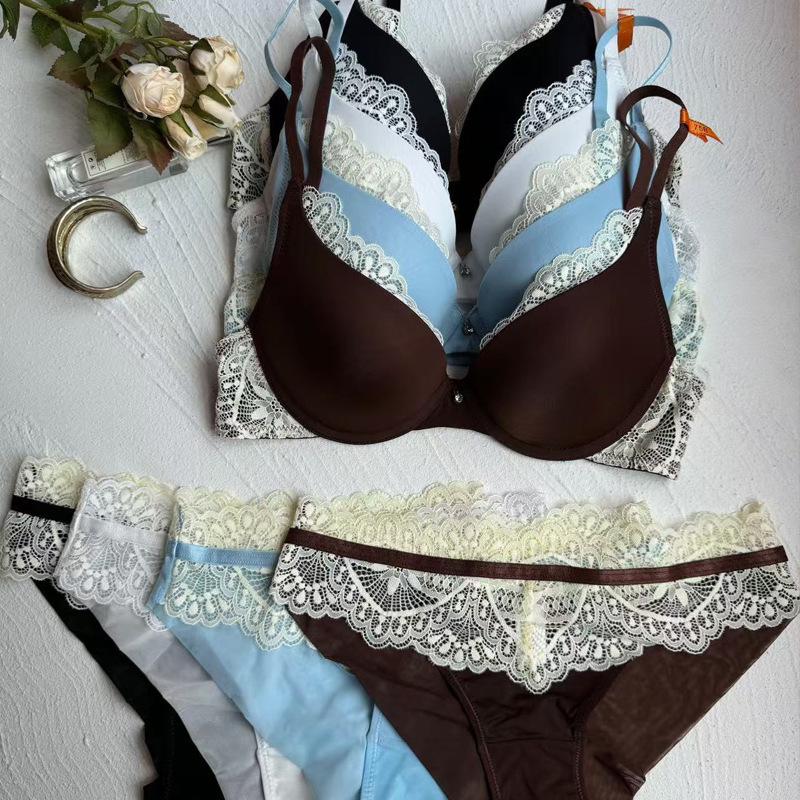 European & American Women's Lace Bra Set - Sexy French Style, Side Support, Small Chest Enhancing