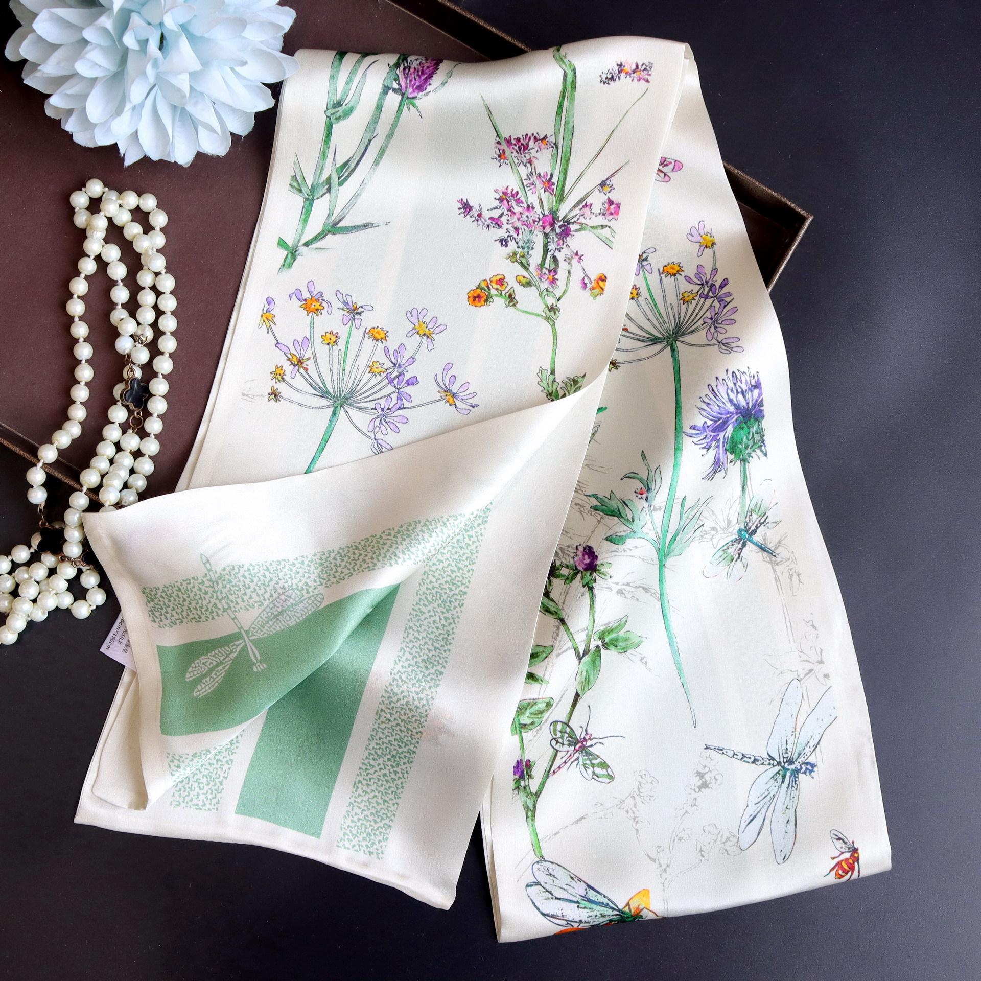 Dragonfly Garden temperament mulberry silk silk scarf silk thin strip silk scarf double layer scarf ribbon streamer scarf 150*16CM