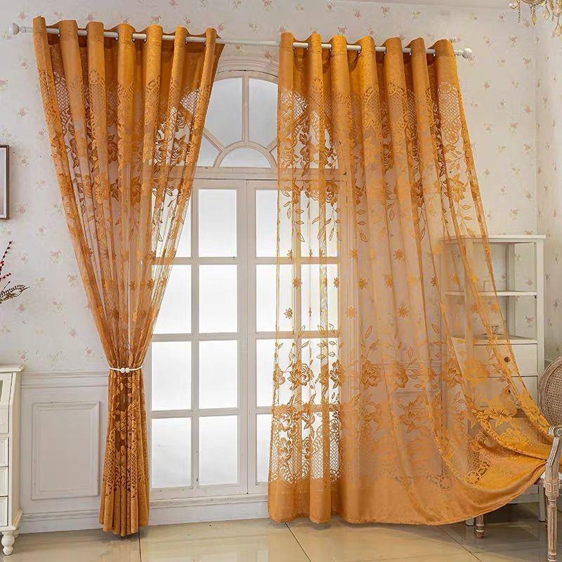 European Style Curtains for Living Room Floral Jacquard Tulle Hollow Out Retro Pattern Fabric Home Decor 1PC