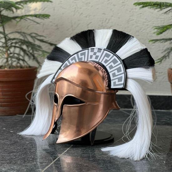 Handmade Bronze Spartan Helmet Greek Warrior Helmet with Black White Crest Cosplay Display Armor