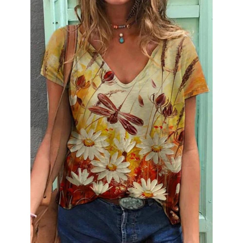 Summer Fashion 3D Floral Print Women's Loose V-neck Short Sleeved T-shirt