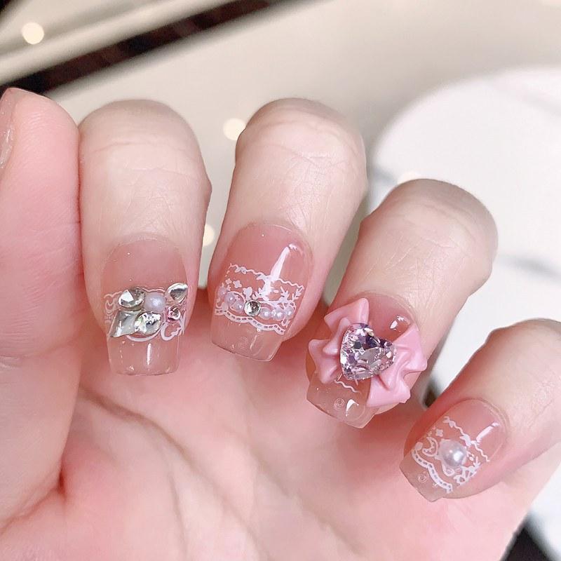 10 Pcs Handmade Pink Bow Heart Diamond Short Coffin Press On Nails Full Coverage Removable Fake Nails For Women And Girls