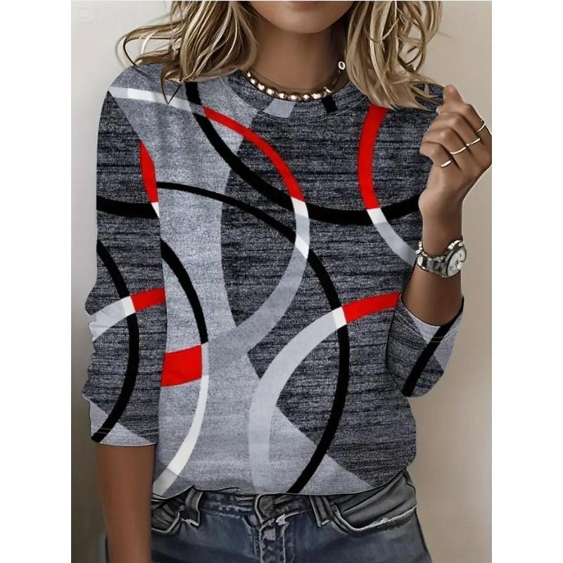 T-shirt da donna a maniche lunghe con scollo rotondo, tunica a maniche lunghe, top regular casual moderno con stampa geometrica