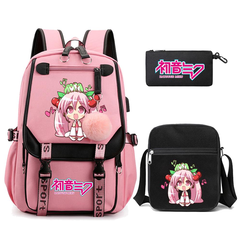 3ks/sada Anime Kreslený Batoh s Potiskem Hatsune Miku s Taškou přes Rameno pro Teenagera Studenta Dívku Chlapce Velkokapacitní Voděodolný Školní Batoh Mochila