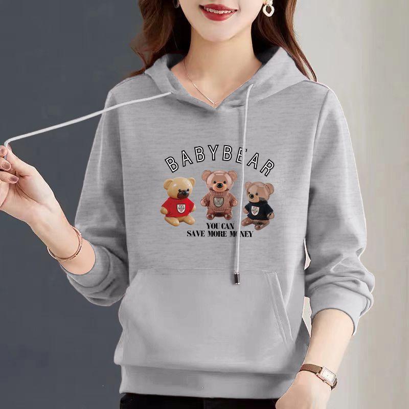 Women's Pure Cotton Bear Print Hooded Pullover Sweatshirt, Long Sleeve, Niche Design, New Spring & Autumn Style