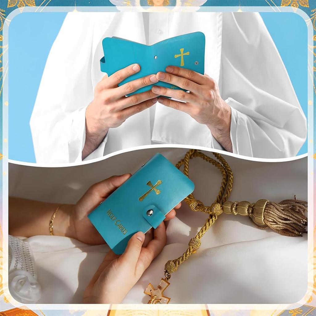 54 Catholic Prayer Card Set with Genuine Leather Holder Pocket Holy Card Organizer for Mass Daily Prayer & Religious Gifts