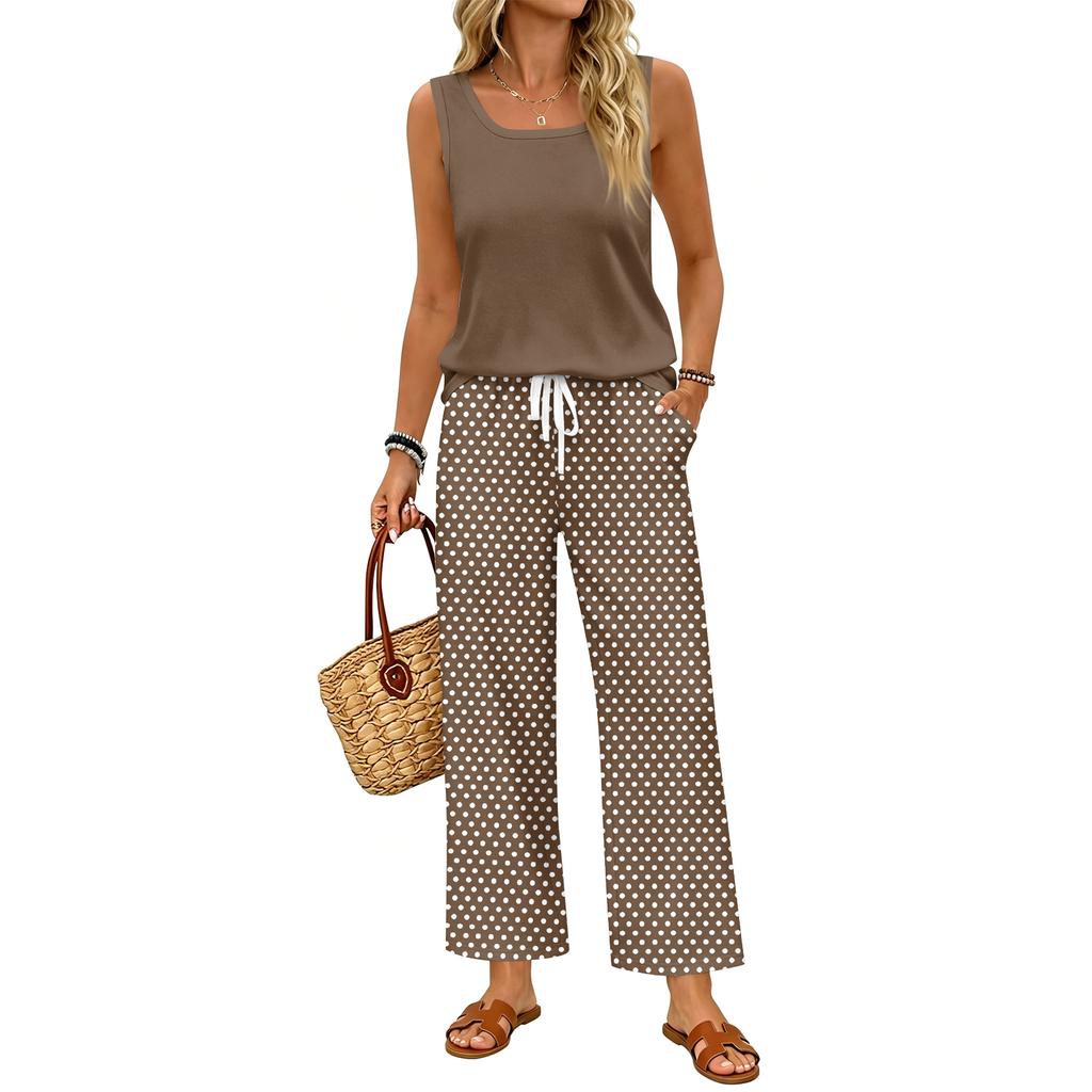 Women Sleeveless Tank Top and Wide Leg Pants Two Piece Set Polka Dot Print Elastic Waist Casual Lounge Wear for Travel Vacation Home