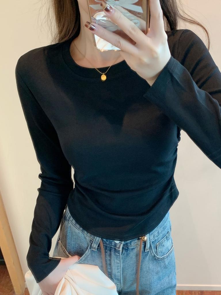 Retro front shoulder long-sleeved shirt women's spring new waist pleated bottoming shirt versatile simple top