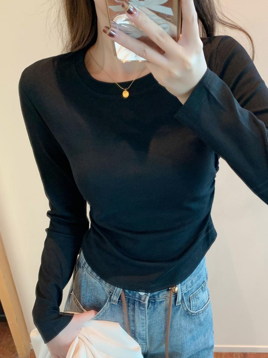 

Retro front shoulder long-sleeved shirt women s spring new waist pleated bottoming shirt versatile simple top XL чорний
