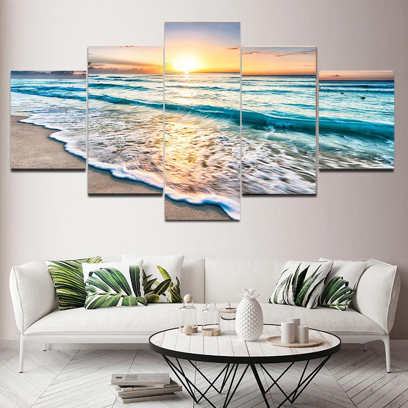 5 Pieces Natural Blue Beach Sunset Landscape Canvas Painting Seascape Posters And Prints Wall Art Pictures Home Decor No Frame