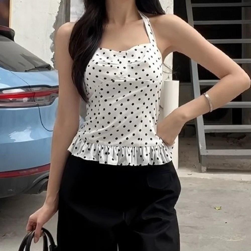 Lace Up Y2k Dot Crop Top Sleeveless Women Camisole Comfortable Halter Ruffle Vest Top  Female
