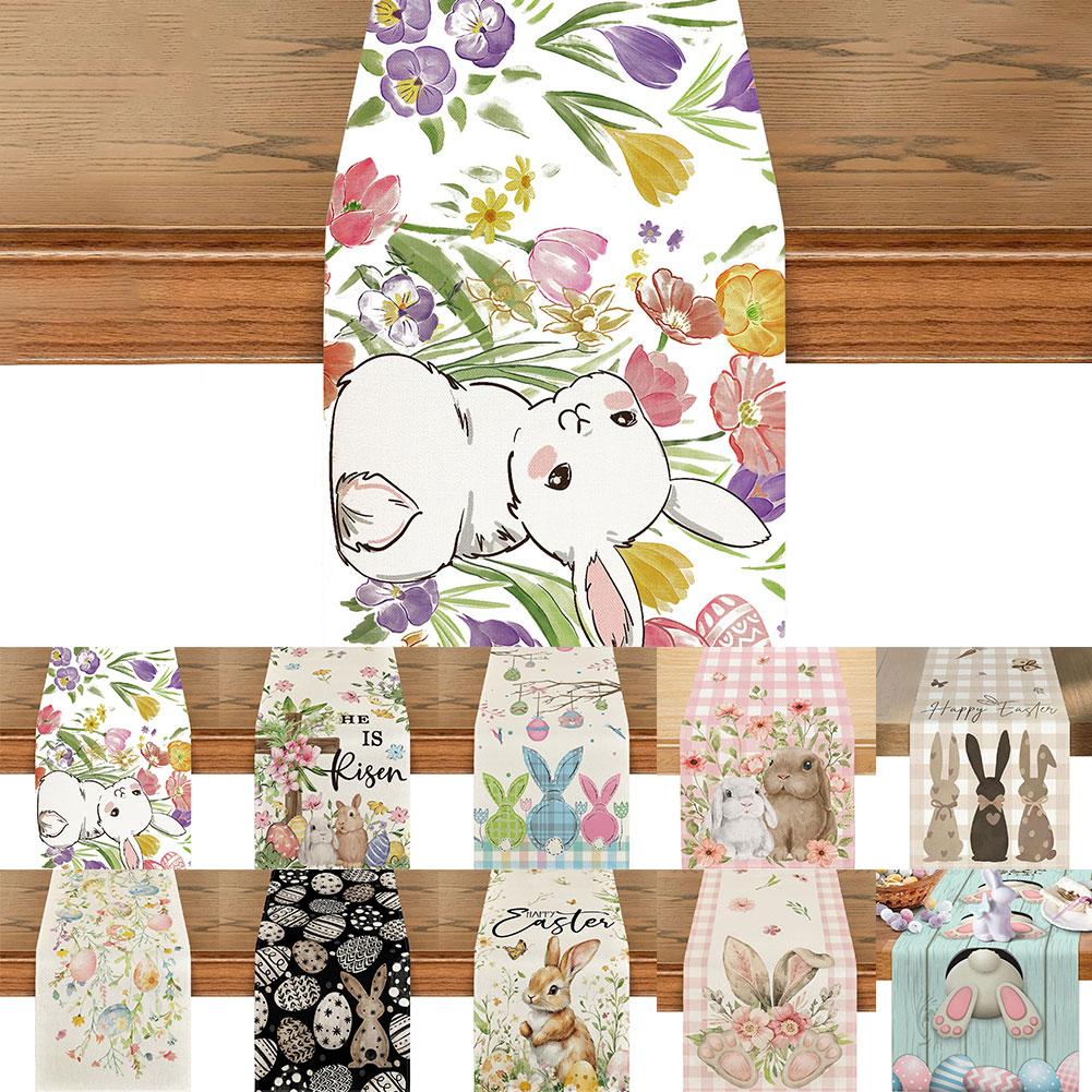 Easter Bunny Linen Table Runner Easter Rabbit Table Runner Bunny Dining Table Cloth Placemat for Kitchen Dining Table Decor