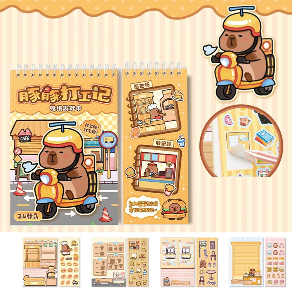 24in1 Capybara Landscape Sticker Book Miniature Scene Collection Cartoon 3D House Stickers Supermarket Bedroom PET
