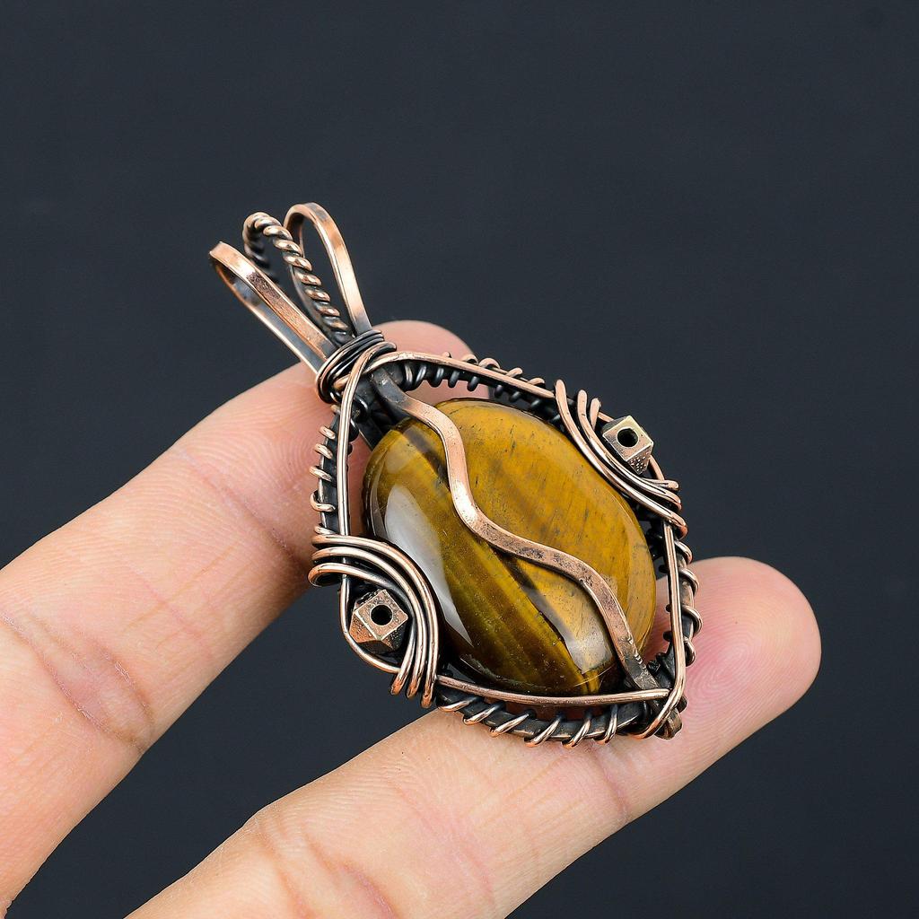 Tiger Eye Pendant, Handmade Gemstone 999 Copper Wire Wrapped Pendant Antique Jewelry, For Gift Silver Jewelry
