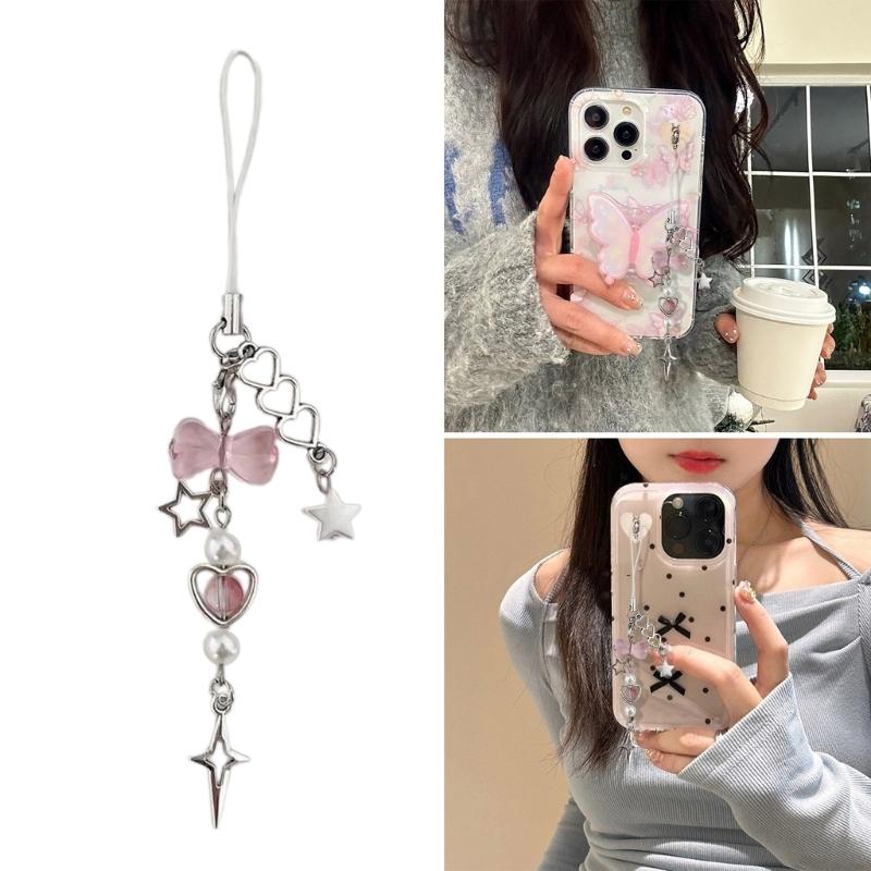 Fashionable Keychain with Bead Phone Charm Unique Bowknot Keychain Vibrant Beaded Pendant for Cellphone