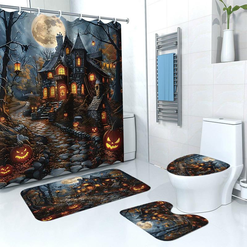 HOT Halloween Ghost Pumpkin Skull Shower Curtain Set with Non-Slip Rugs Toilet Lid Cover and Bath Mat Washable Trick or Treat