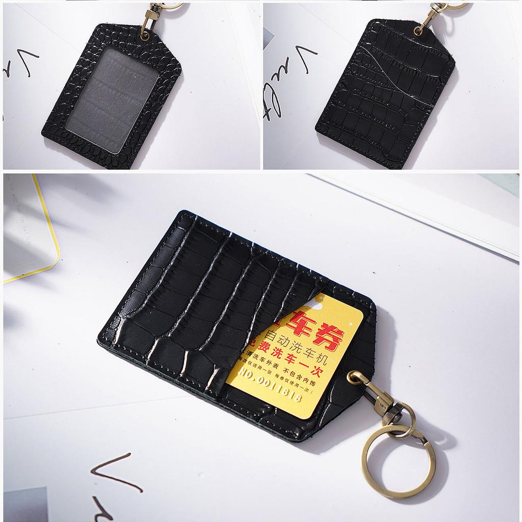 Genuine Leather Crocodile Stripes Office Badge Holder Chest Card Bus Card Campus Access Control Student Meal Card Protective Cases with Keychains