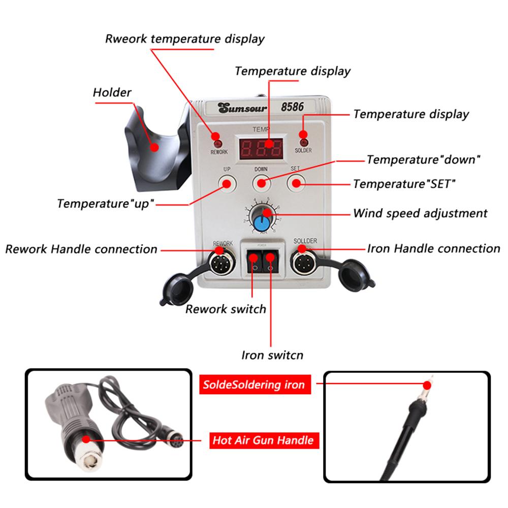Sumsour 8586 Lötstation 760W 2-in-1 Digitalanzeige SMD Rework Heißluftgebläse Lötkolben Schweißen Entlöten Reparaturwerkzeuge