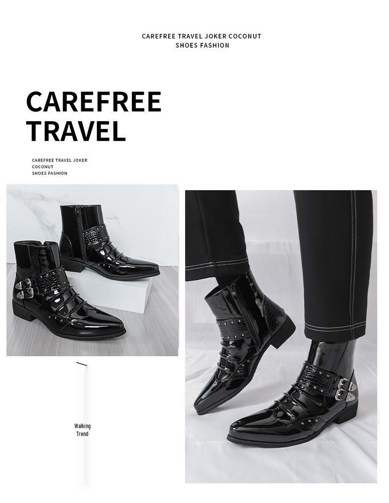 Men's Autumn Shiny Pointed Toe High-Top Chelsea Leather Boots - British Style, Formal or Casual.